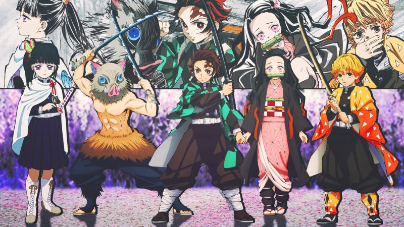 Kimetsu no Yaiba, Inosuke Hashibira, Zenitsu Agatsuma, anime boys, Kamado Nezuko, Tanjiro Kamado, 1080P, anime girls, Kamado Tanjirō, anime, Kanao Tsuyuri