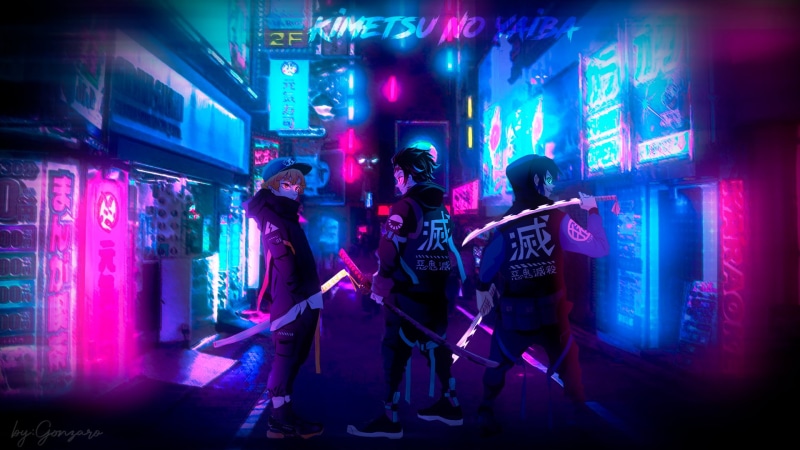chinese classical, Tanjiro Kamado, techno punk, anime boys, Kamado Tanjirō, Zenitsu Agatsuma, neon, black jackets, anime design, Kimetsu no Yaiba, Inosuke Hashibira
