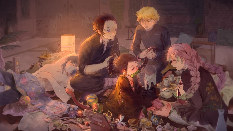 Kamado Nezuko, artwork, Zenitsu Agatsuma, anime, 4K, digital art, Inosuke Hashibira, Tanjiro Kamado, Mitsuri Kanroji, Kimetsu no Yaiba, Kamado Tanjirō