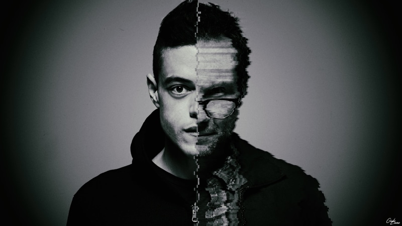 auto post production filter, body part, contemplation, monochrome, serious, digital art, vignette, Elliot (Mr. Robot), looking at camera, 4K, Photoshop
