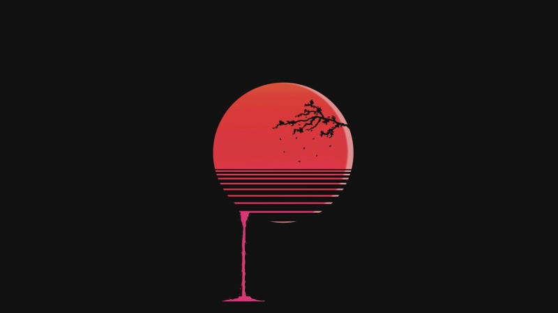 sunset, minimalism, blood, 1080P, cherry blossom, Photoshop, Sun, red