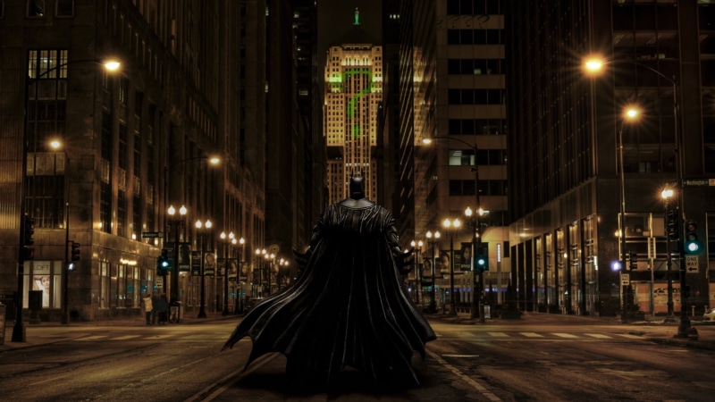 The Riddler, street, building, cityscape, one person, Photoshop, incidental people, women, built structure, city life, street light, outdoors, illuminated