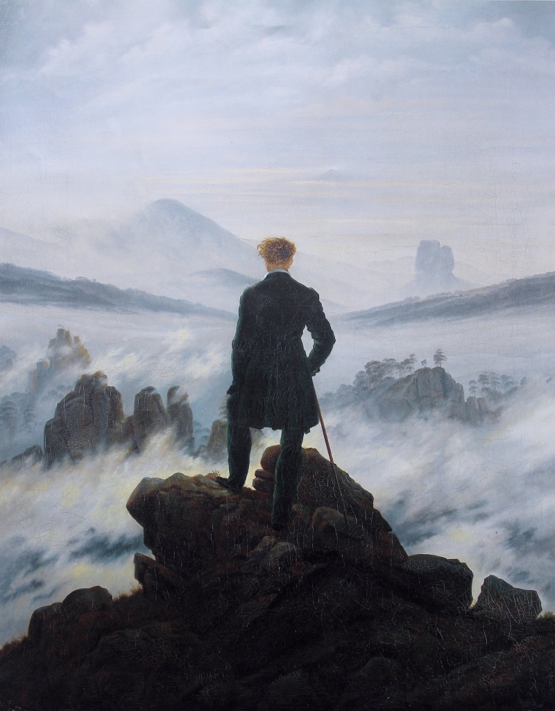 hiking, sky, beauty in nature, one Person, looking at view, standing, lifestyles, wanderer above the sea of fog, people, men, rear view, 2K, daytime, artwork