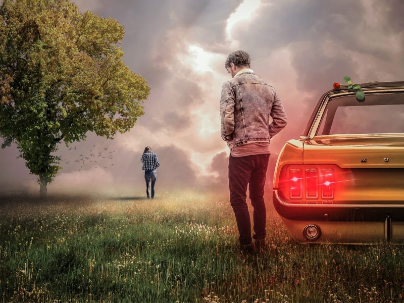 mode of transportation, lifestyles, sad, clouds, men, man, adult, woman, plant, outdoors, two people, boyfriend, unhappy, relationship, real people, togetherness