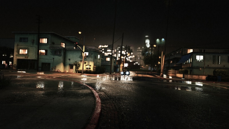 lighting Equipment, 4K, urban Scene, travel, mode of transportation, nature, grand theft auto v, no People, rain, Night, GTA V, transportation, illuminated