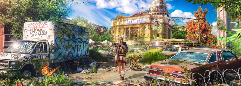 dual monitors, graffiti, environment, dual display, butterfly, clouds, destruction, science fiction, ponytail, sky, rifles, backpacks, women, artwork, apocalyptic