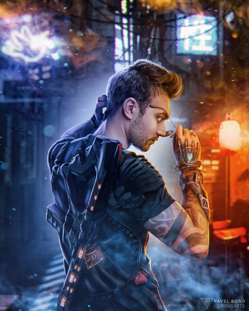 glowing eyes, prosthesis, tattoo, sunglasses, Pavel Bondarenko, warm light, rifles, cyberpunk, weapon, 720P, men, Photoshop