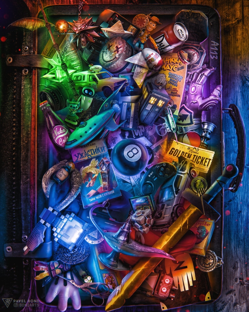 glowing, 8-ball, boxes, colorful, suitcase, messy, toys, sword, Pavel Bondarenko, 1080P