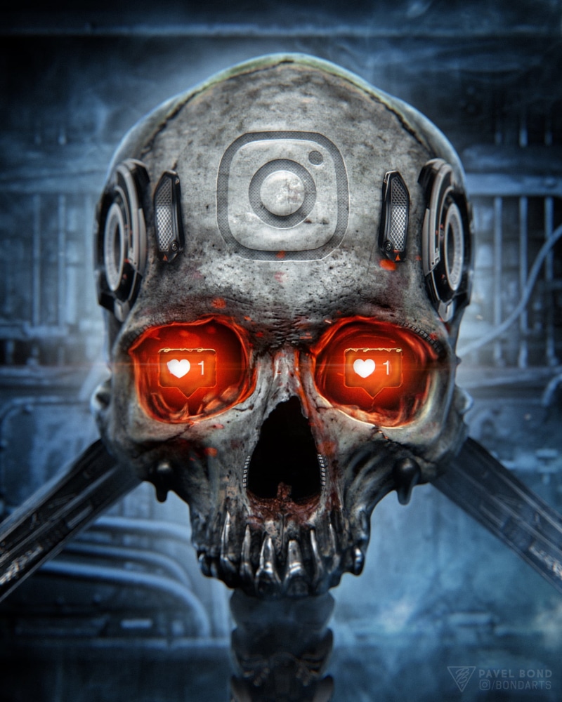technology, digital art, Photoshop, Pavel Bondarenko, cyberpunk, social networks, concept art, skull, Heart (Design), depth of field, vertical, logo, artwork