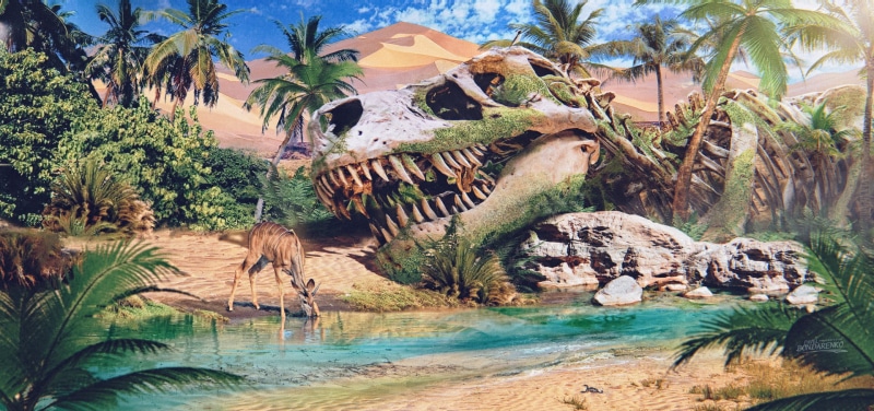 Pavel Bondarenko, sand, nature, drinking, dinosaurs, 1080P, deer, water, drawing, palm trees, teeth, fossils, bones, oasis, desert, Bushes