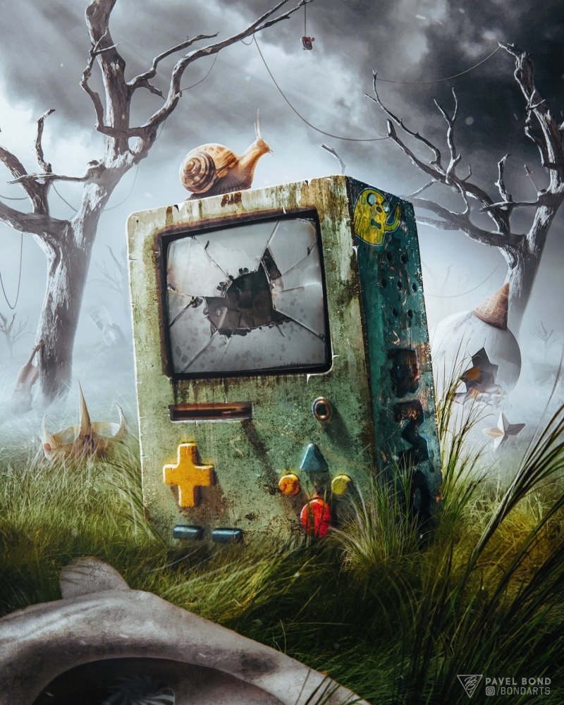 1080P, Finn the Human, digital art, snail, Pavel Bondarenko, grass, crown, apocalyptic, fan art, artwork, Adventure Time, concept art, BMO, Photoshop