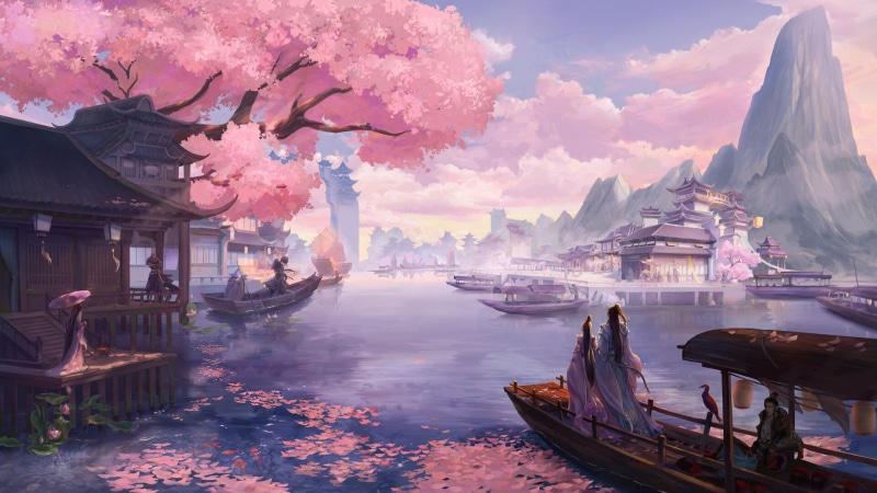 Cherry Tree, Fantasy, Cherry Blossom, River, Boat, Mountain, Oriental, 1080P
