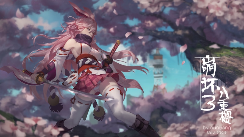 8K, anime girls, beauty in nature, pink color, outdoors, day, plant, cherry blossom, anime, representation, vulnerability, tree, no people, flowering plant