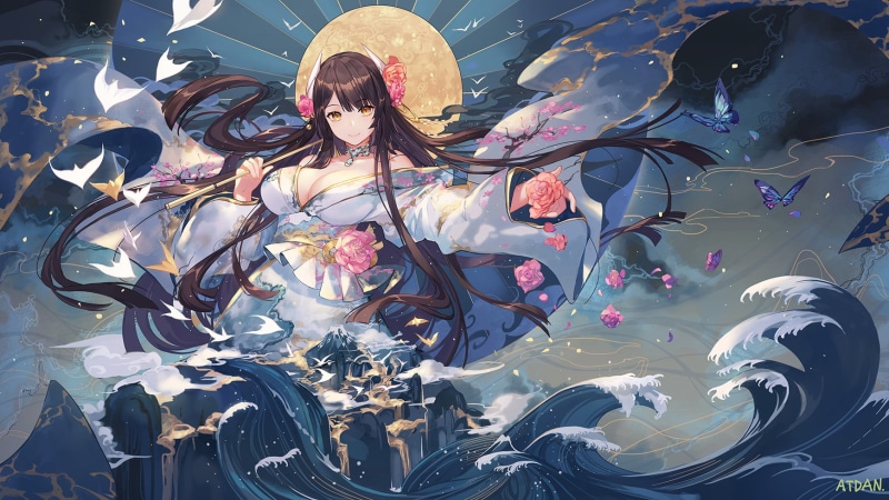 waves, Atdan, fantasy art, women, cleavage, surreal, smiling, Azur Lane, 720P, artwork, birds, long hair, digital art, butterfly, flowers, anime girls