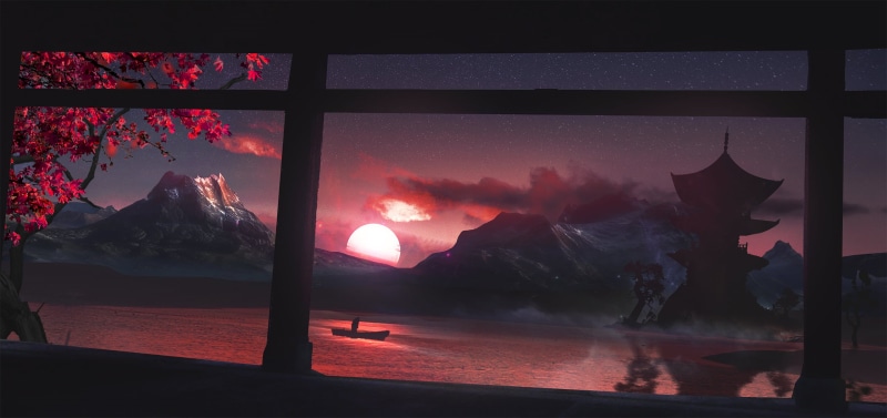 sunset, artwork, cherry blossom, Sun, Martina Stipan, house, 2K, t1na, nature, mountains, landscape, digital, lake, digital art, Japan, environment, drawing