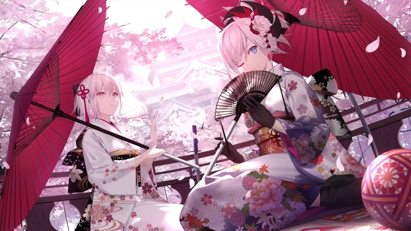 Umbrella, Okita Souji, White Hair, 1080P, Cherry Blossom, Fate/Grand Order, Blue Eyes, Fate Series, Miyamoto Musashi, Yukata