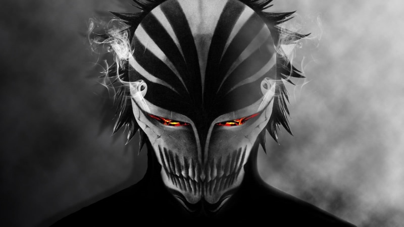 unrecognizable person, 720P, spooky, Bleach, black background, headshot, Arrancar, black color, animal body part, one person, bankai, evil, mask, looking at camera