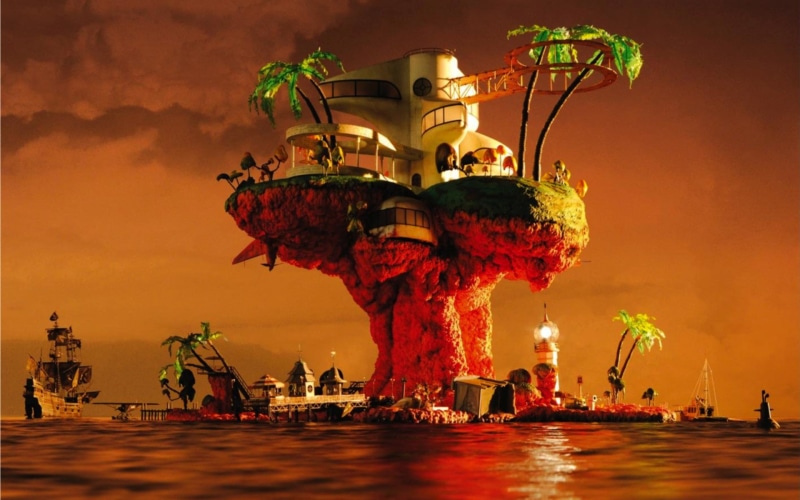 group of people, celebration, beach, music, architecture, outdoors, night, Gorillaz, sky, nautical vessel, water, large group of people, travel destinations