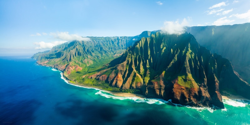 Hawaii, coastline, beach, Hawaii  island, Nā Pali Coast, outdoors, Na Pali Coast, island, landscape, mountain, Kauai, 4K, water, Aerial, grass, body of water