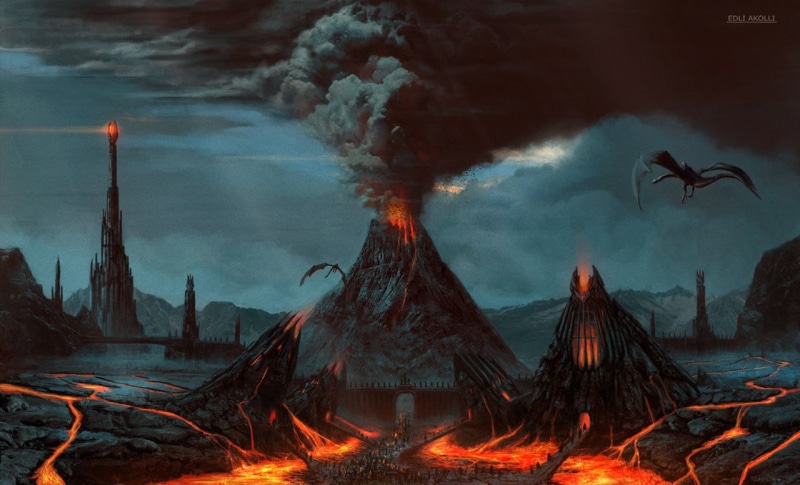 fire - natural phenomenon, fire, mountain, Barad-dûr, Nazgûl, dusk, sky, flame, lava, Mordor, fantasy art, night, The Lord of the Rings, smoke - physical structure