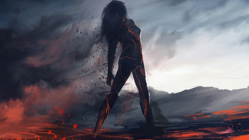 sky, one person, beauty in nature, fantasy art, women, illustration, real people, tranquility, lava, smoke - physical structure, environment, 1080P, land