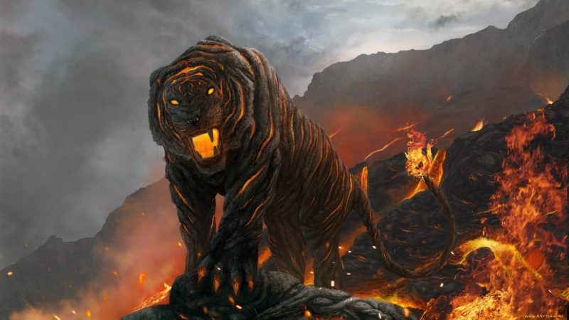 heat - Temperature, mountain, hell, power in nature, cloud - sky, geology, animal, orange Color, red, day, campfire, tiger, one animal, devil, vertebrate