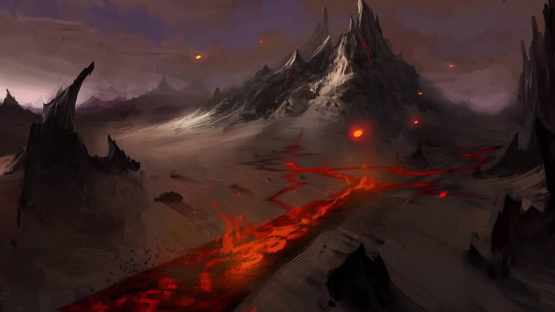 volcano, beauty in nature, non-urban scene, 1080P, flowing, painting, sky, power in nature, mountain, water, mountains, nature, fantasy art, dark fantasy