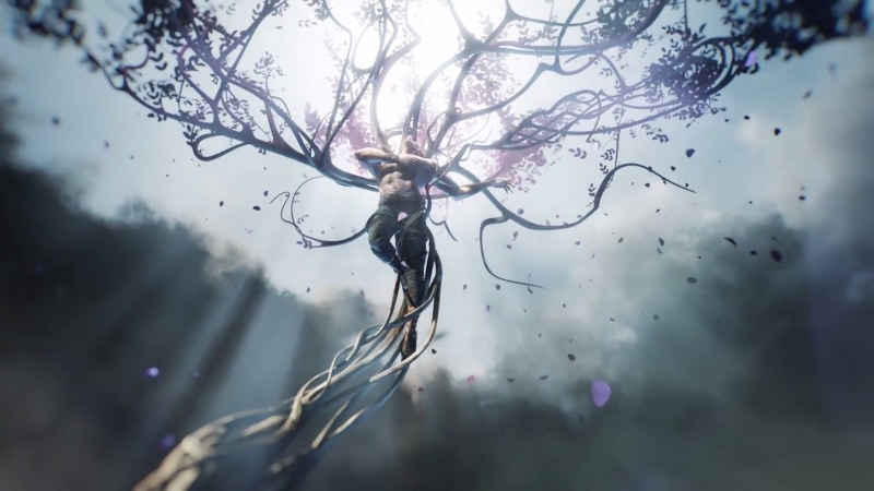 animated, close-up, tree, plant, outdoors, bare tree, low angle view, focus on foreground, Jhin (League of Legends), rain, branch, drop, 1080P