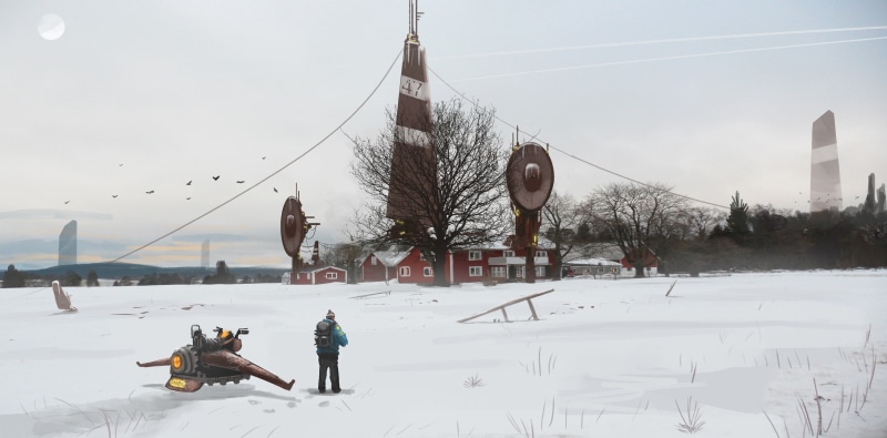 futuristic, artwork, field, building, 4K, snow, dead trees, trees, alone, digital art, Sweden, Simon Stålenhag