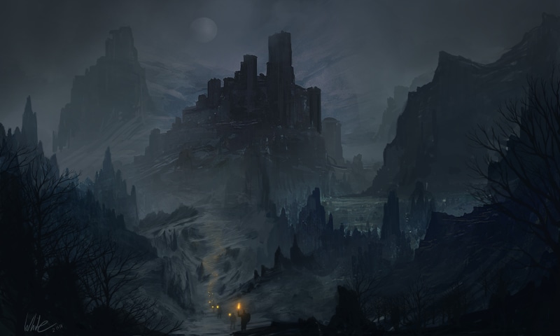 nature, built structure, belief, 4K, concept art, night, fantasy art, spirituality, rocks, building, religion, tree, illustration, mountain, sky, building exterior