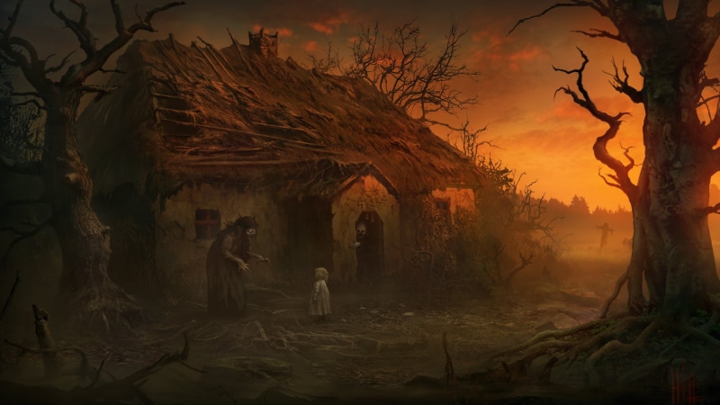 yuri hill, trees, scary face, DeviantArt, fantasy art, house, roots, 1080P, children, clouds, creepy, building, dead trees, artwork, witch, digital art