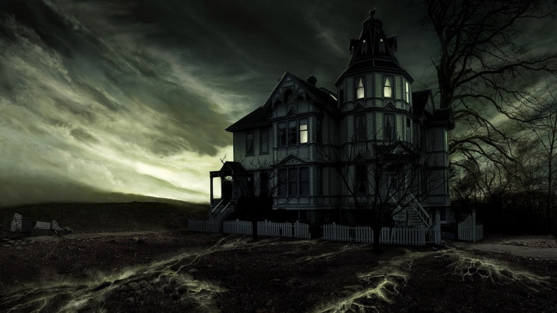 nature, belief, tree, built structure, abandoned, spirituality, animation, cloud - sky, dark, storm, horror, dusk, digital art, 1080P, place of worship