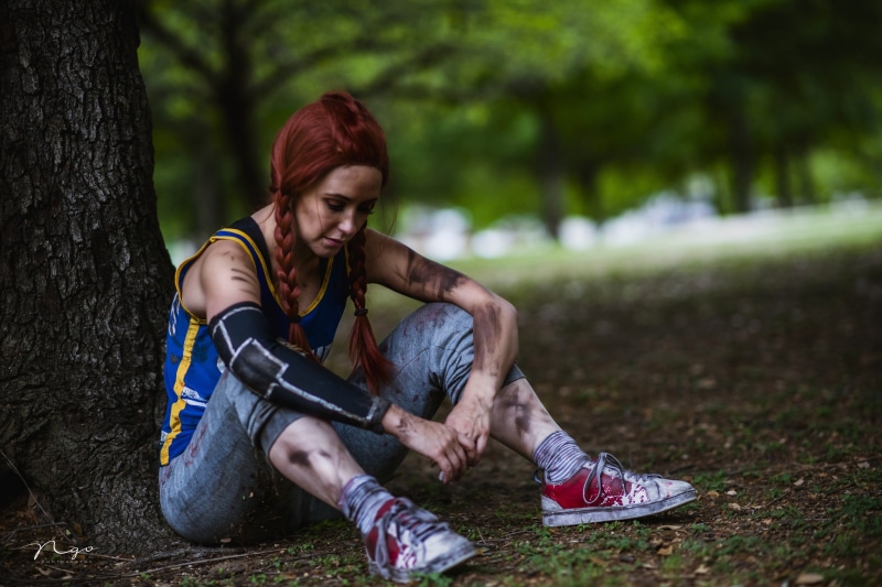 front view, one person, land, plant, women, sitting, hairstyle, Meg Turney, trunk, model, braids, day, dirty, long hair, young women, redhead, adult, Dead by Daylight