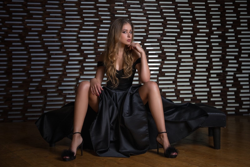 black color, leather, full length, women, looking at camera, portrait, high heels, beautiful woman, 720P, young adult, fashion model, black, dress, clothing