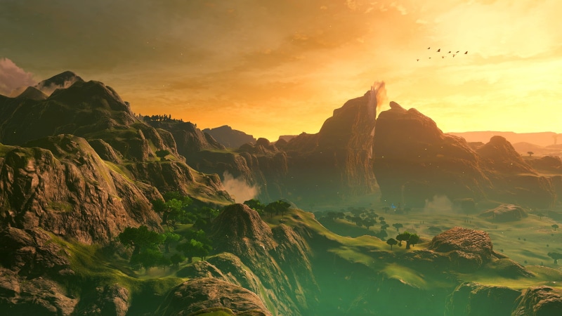 clouds, trees, The Legend of Zelda, Dueling Peaks, screen shot, The Legend of Zelda: Breath of the Wild, sky, birds, 1080P, landscape, dusk, mountains