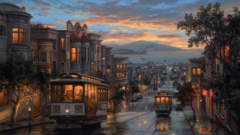 sky, city, home, cable car system, painting, dusk, urban area, metropolis, residential area, cable car, san francisco, tram, evening, tree, town, 1080P