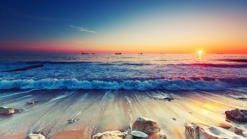 sunset, sunlight, dusk, 4K, foamy, wave, ocean, horizon, evening, water, beach, seashore, foam, sea, sky, coast, shore