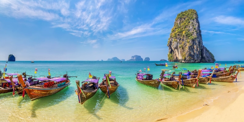 beach, turquoise, tropical, transportation, horizon, sea, 1080P, scenics - nature, Thailand, longtail boat, day, nature, limestone, sky, no people, daytime