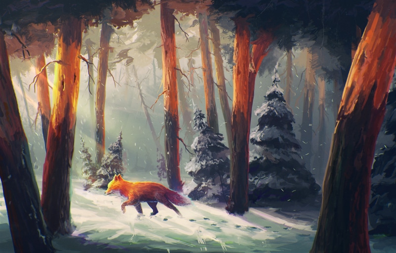 nature, snowing, illustration, mammal, orange, red, forest, tree, animal, landscape, tree trunk, wildlife, night, animal themes, season, day, pets, 2K