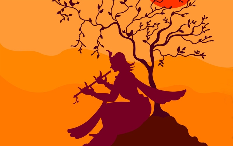 sitting, real people, leisure activity, orange color, 2K, nature, beauty in nature, silhouette, Lord Krishna, playing, sky, full length, adult, illustration