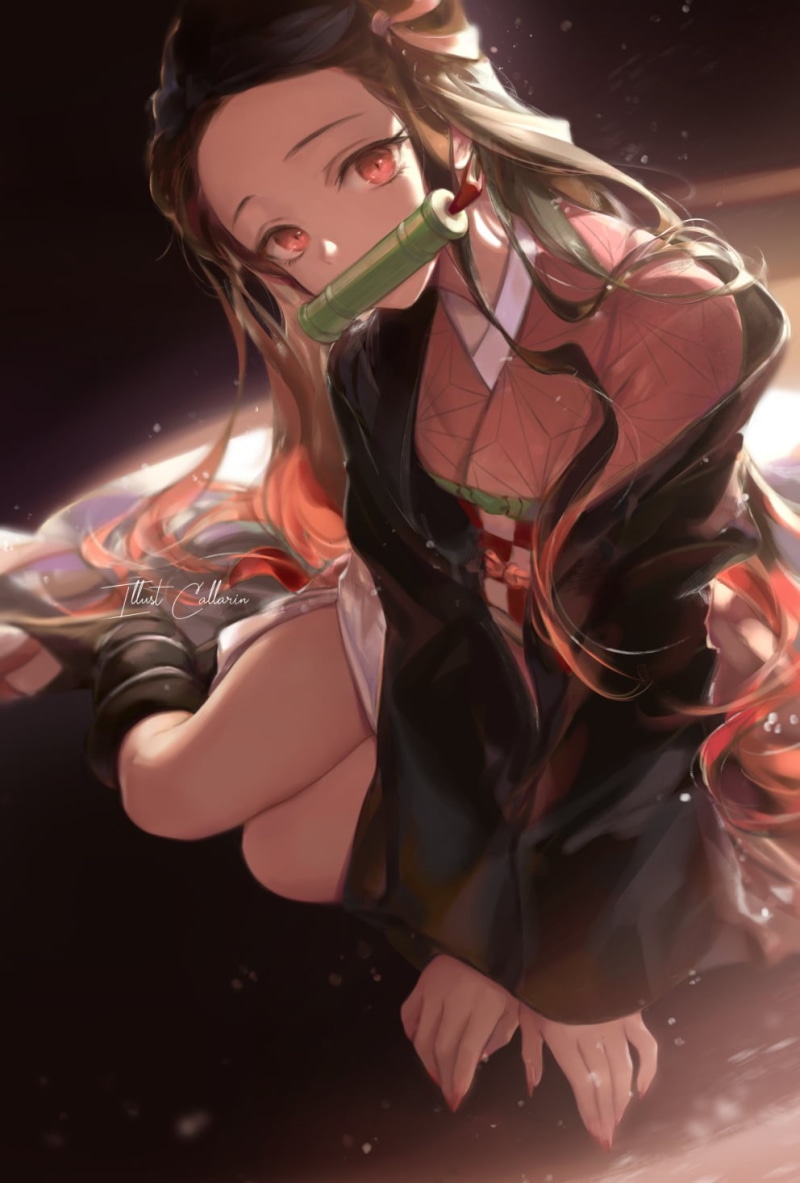 multi-colored hair, black hair, 720P, Japanese kimono, Oni, Kimetsu no Yaiba, long hair, bamboo, anime girls, Kamado Nezuko, pink eyes