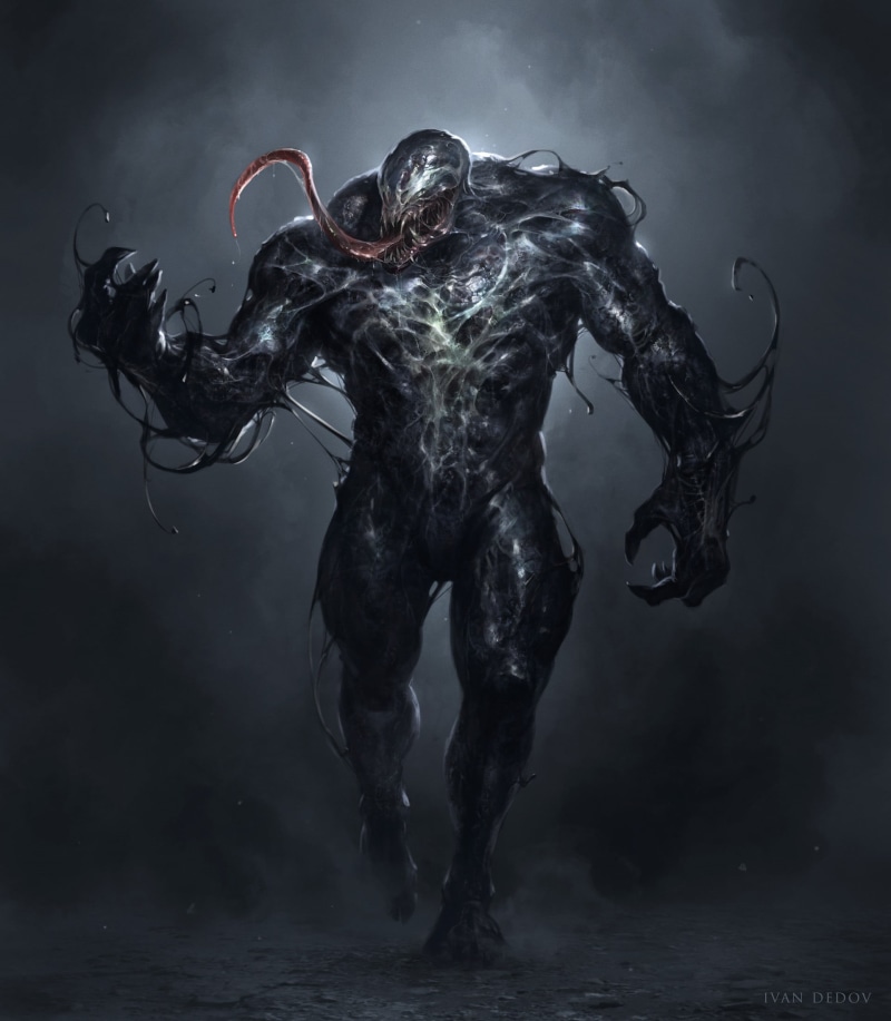 Symbiote, studio shot, black background, Ivan Dedov, underwater, tongues, portrait, water, Marvel Comics, women, indoors, Spider-Man, 2D, digital art, fan art