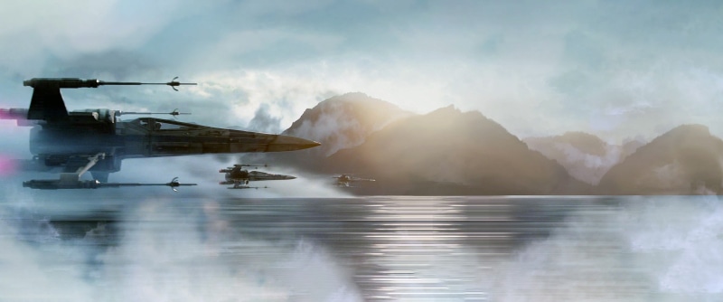 lake, fog, water, transportation, day, sunlight, outdoors, black, mode of transportation, nature, reflection, 2K, aircraft, scenics - nature, X-wing, Star Wars