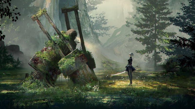 2B (Nier: Automata), landscape, one Person, men, fantasy, mystery, women, scenics - nature, mode of transportation, tree, horror, poster, mountain, tranquility