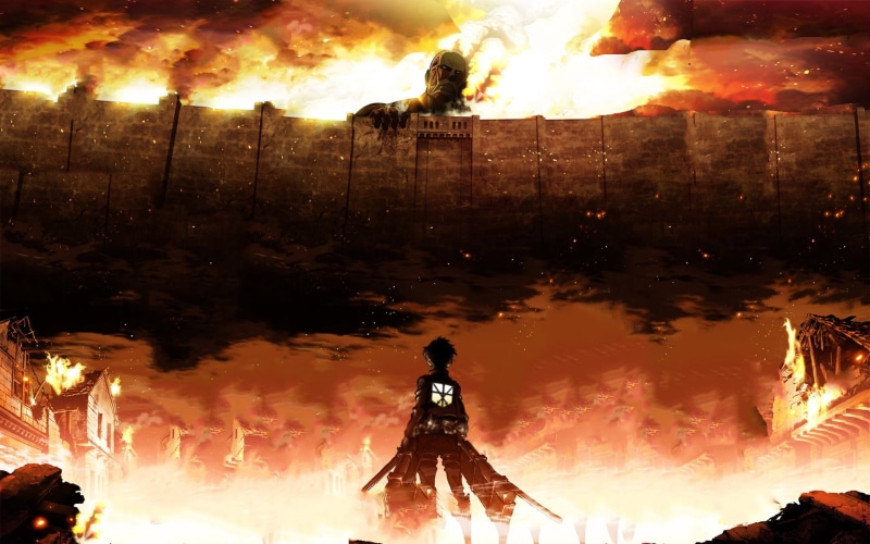 architecture, eren jaeger, outdoors, bonfire, igniting, glowing, motion, illuminated, flame, people, shingeki no kyojin, night, 1080P, inferno, danger