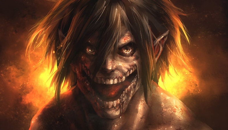 headshot, burning, eren, close-up, one person, orange color, Attack On Titan, leisure activity, real people, form, 720P, attack, looking at camera, flame