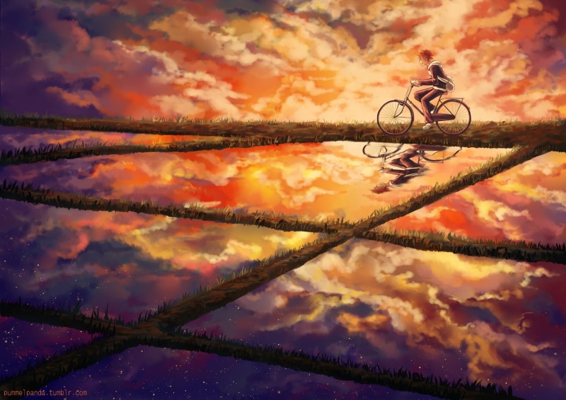 anime boys, sunset, nature, scenics - nature, beauty in nature, land vehicle, cloud - sky, Hinata Shouyou, lake, Haikyuu!!, transportation, orange color