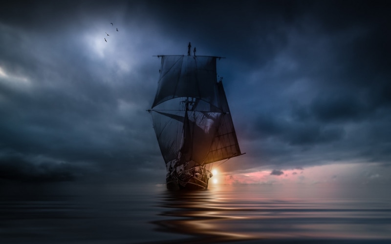 birds, outdoors, storm cloud, blue, nature, beauty in nature, sky, brown, landscape, flying, clouds, no people, nautical vessel, ominous, water, transportation