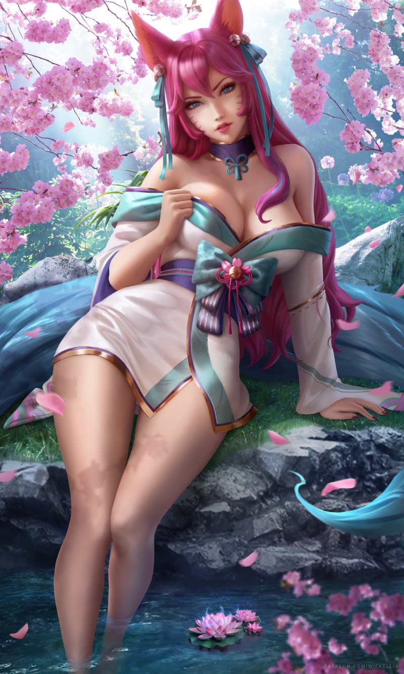 looking at viewer, 5K, fantasy girl, long hair, legs, water, spirit blossom, digital art, League of Legends, Wickellia, illustration, Ahri, video games