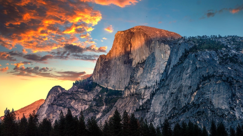 sunset, orange sky, cliff, California, rock, Yosemite National Park, nature, mountains, 1080P